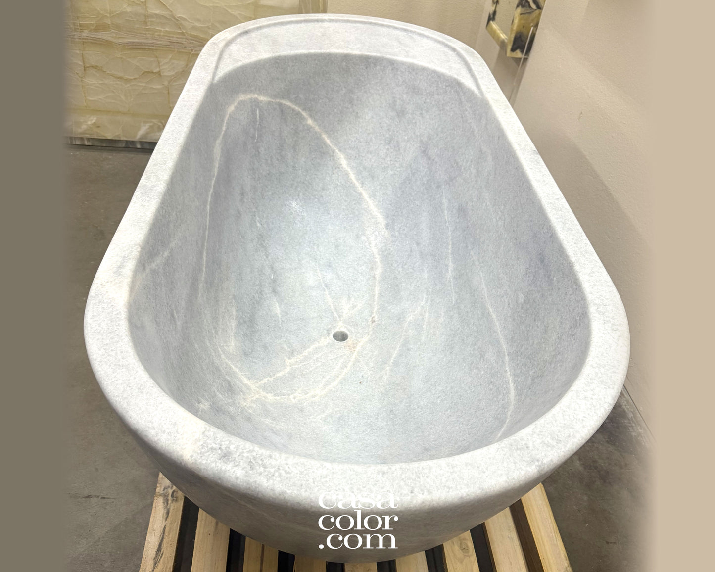 White/Gray 71β One Piece Hand-Carved 100% Natural Stone Tub. 1,800 Lb. Indoor/Outdoor