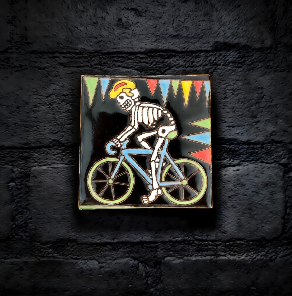 4x4 Inch Hand-Painted Biking Skeleton Tile