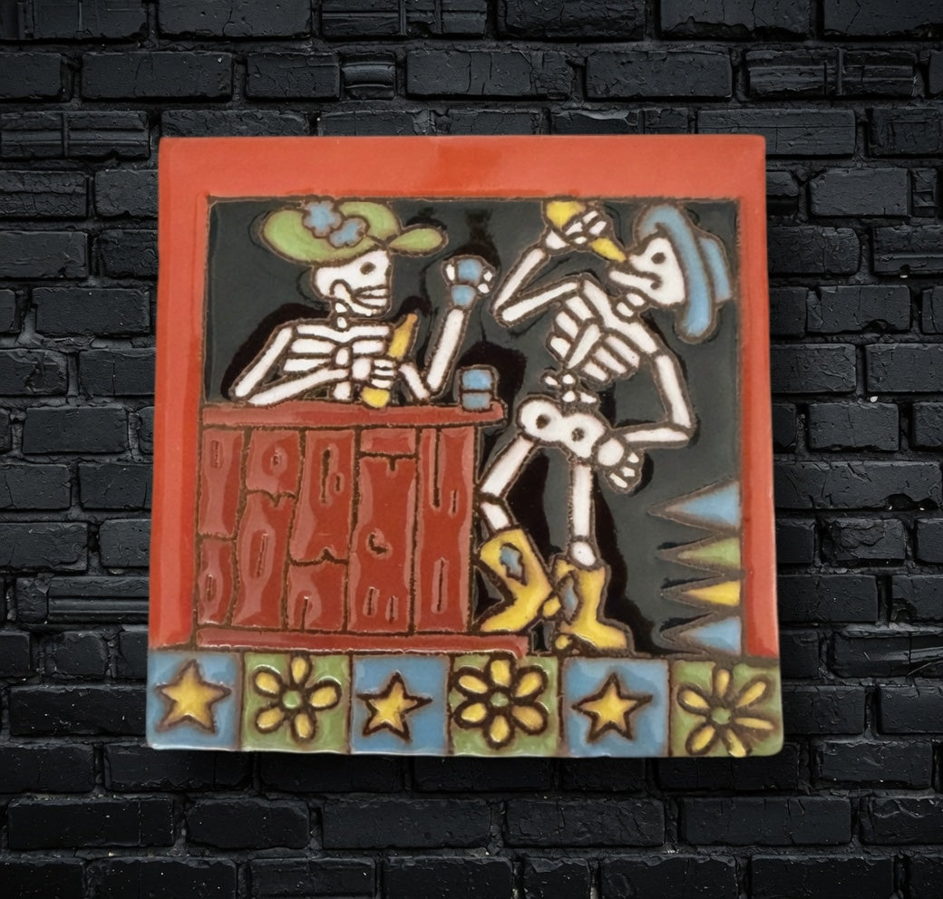 4x4 Inch Dancing Hand- Painted Skeleton Tile