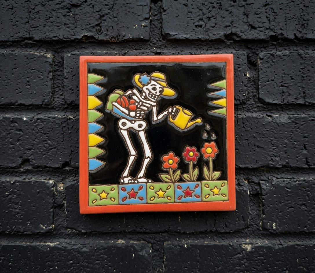 4x4 Inch Watering Plants Hand- Painted Skeleton Tile