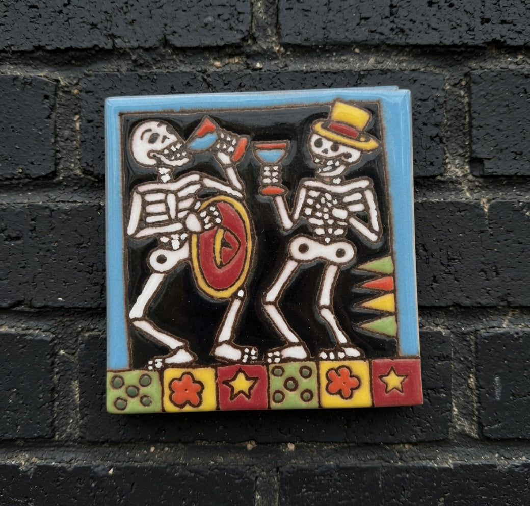 4x4 Inch Drinking Hand- Painted Skeleton Tile