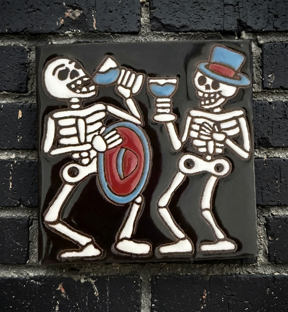 4x4 Inch Hand painted Drinking Skeleton Tile