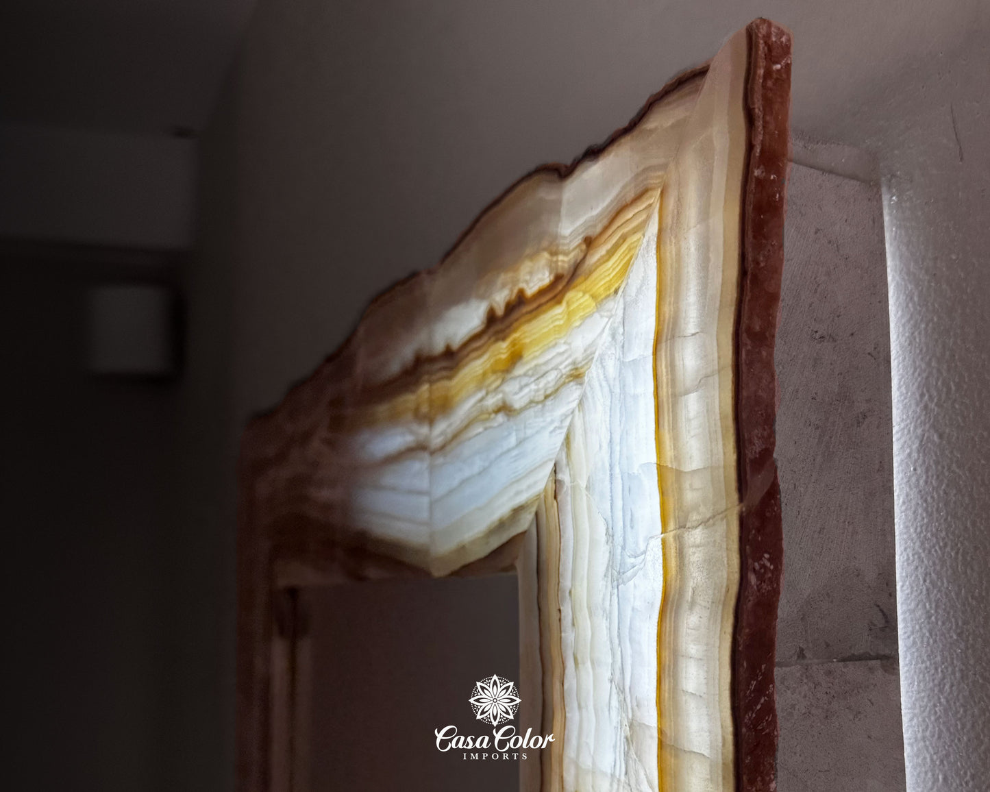 Large Onyx Frame Mirror with LED Back Light. Caramel and White Onyx Mirror