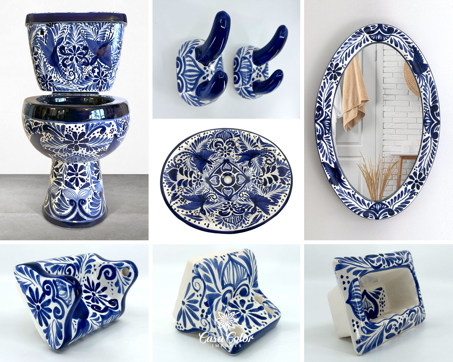 Talavera Blue/white bathroom decor. This is a 10 piece set. The set includes: Talavera elongated toilet. Talavera mirror, Talavera sink, Talavera shower curtains hooks, Talavera soap holder, and Talavera paper towel holder.