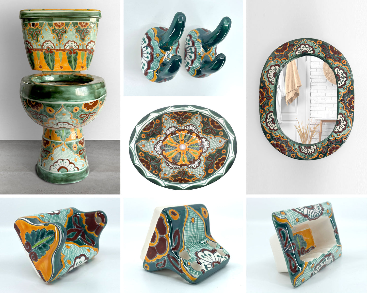 Talavera bathroom set. The color is Green and orange. Flower design.