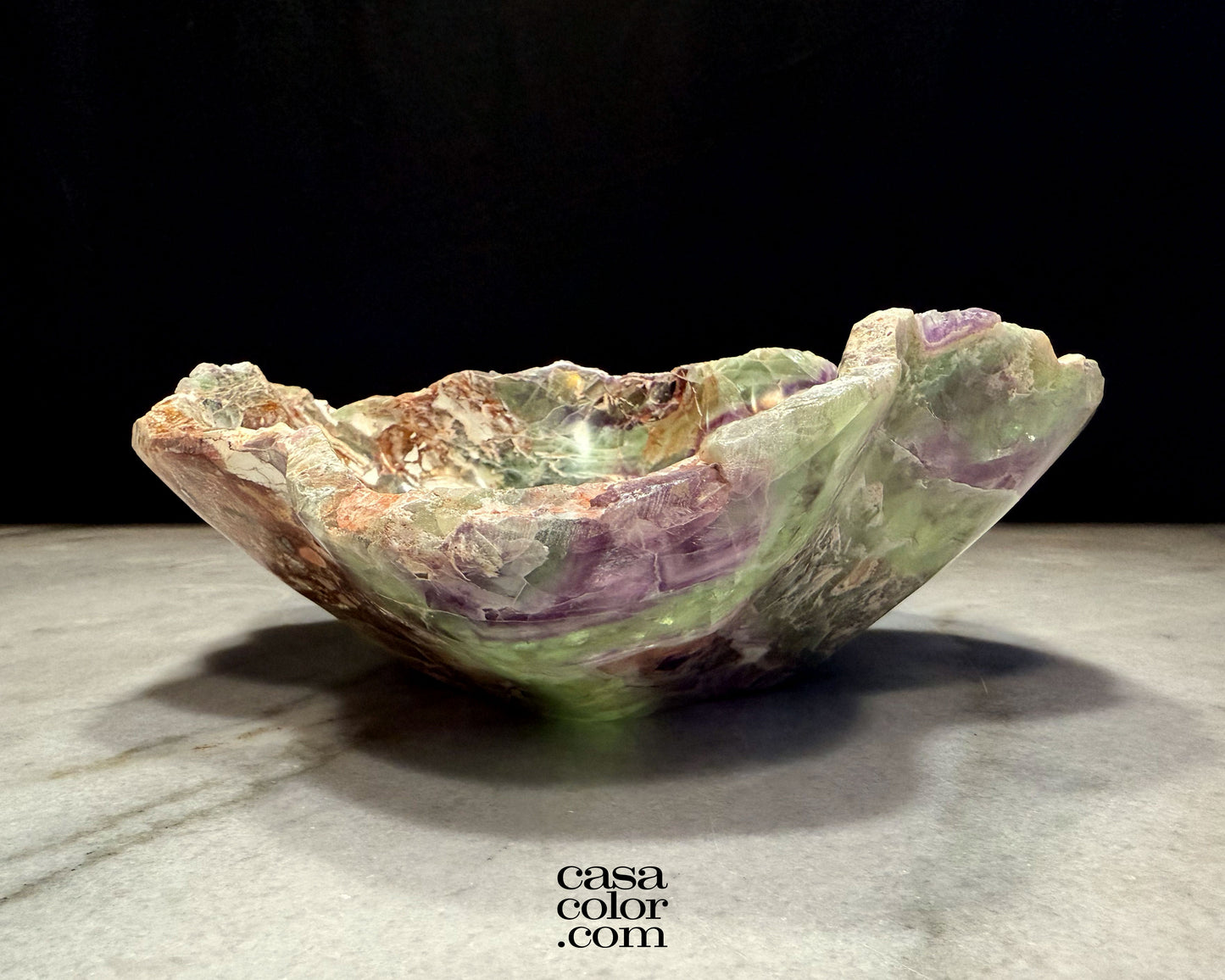 Green and Purple Translucent Fluorite Crystal Bowl
