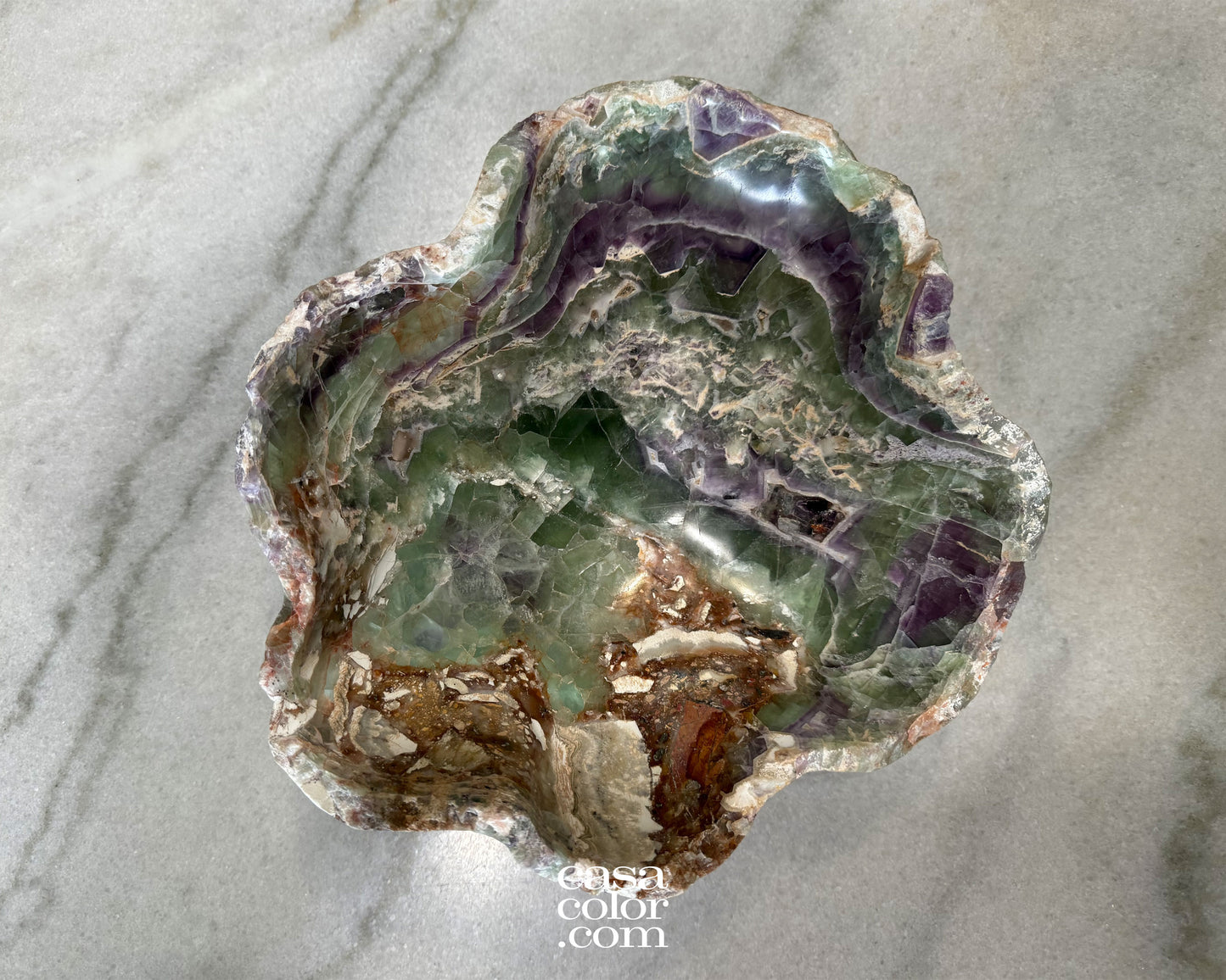 Green and Purple Translucent Fluorite Crystal Bowl