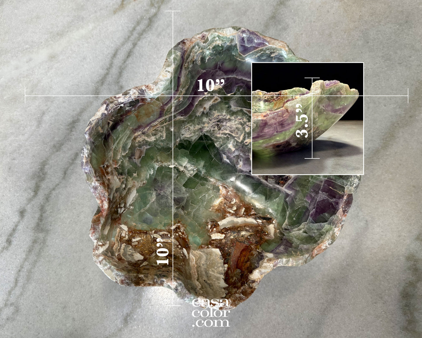 Green and Purple Translucent Fluorite Crystal Bowl