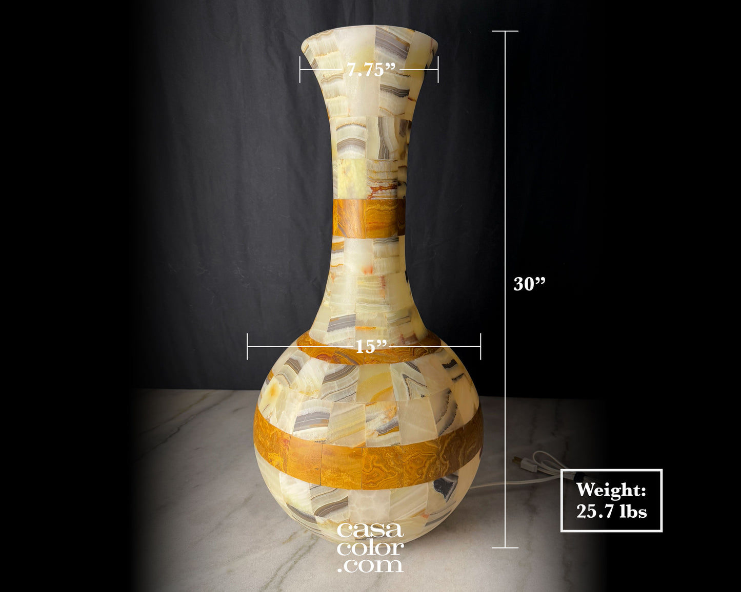 Large Handcrafted Brown/Beige Onyx Vase/Lamp 30"
