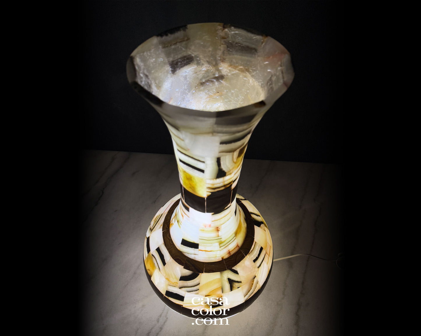 Large Handcrafted Brown/Beige Onyx Vase/Lamp 30"