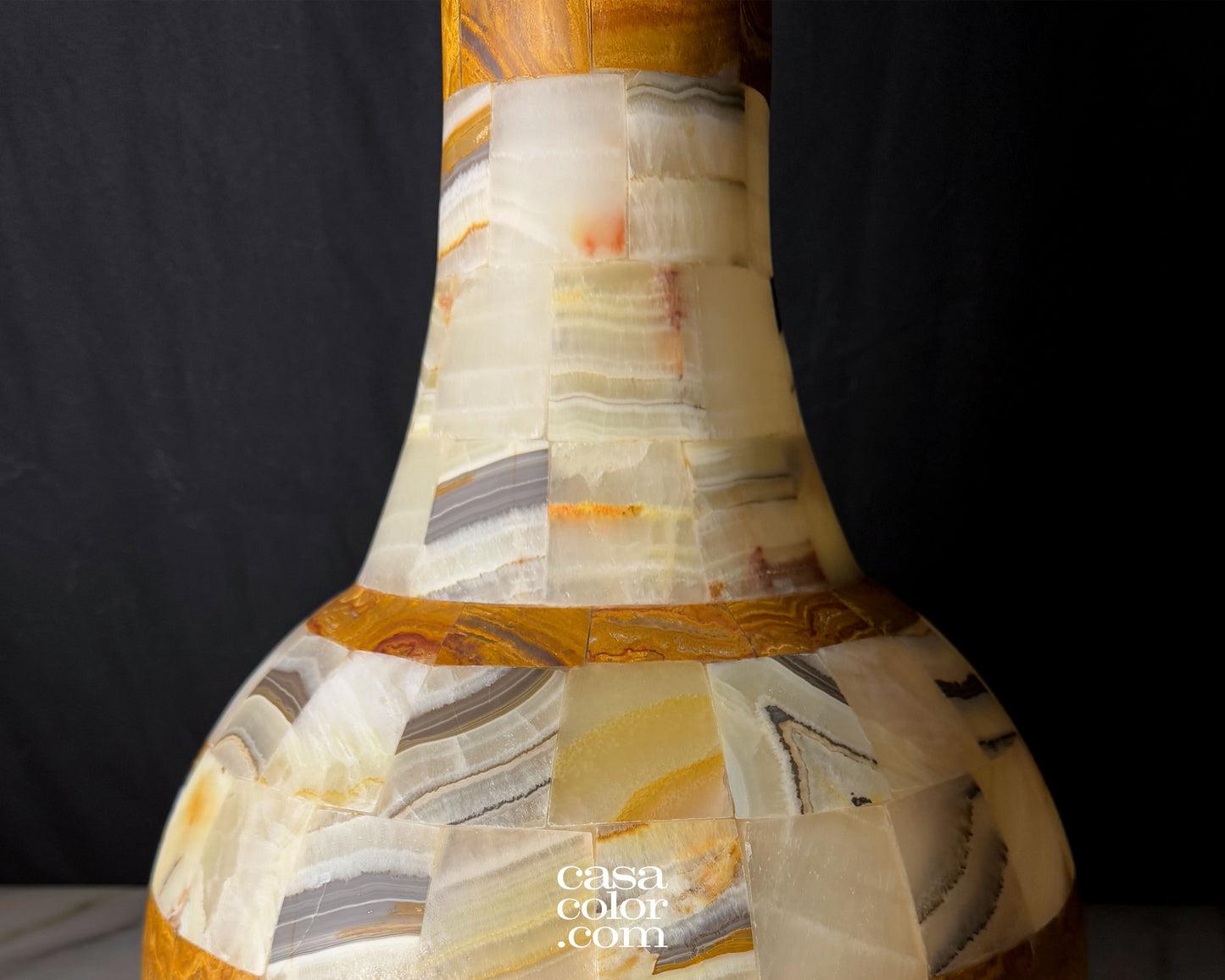 Large Handcrafted Brown/Beige Onyx Vase/Lamp 30"