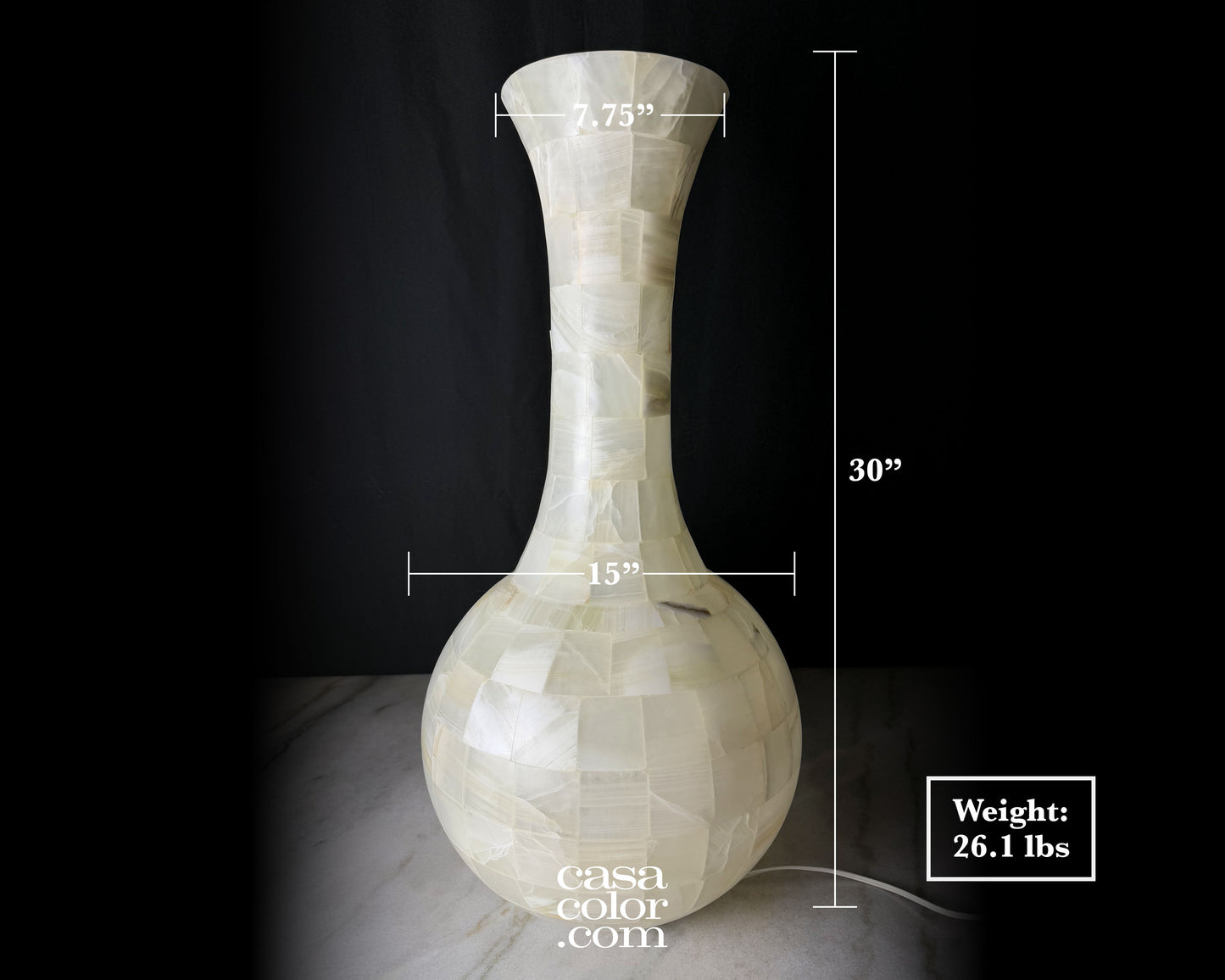 Large Handcrafted White Onyx Vase/Lamp 30"