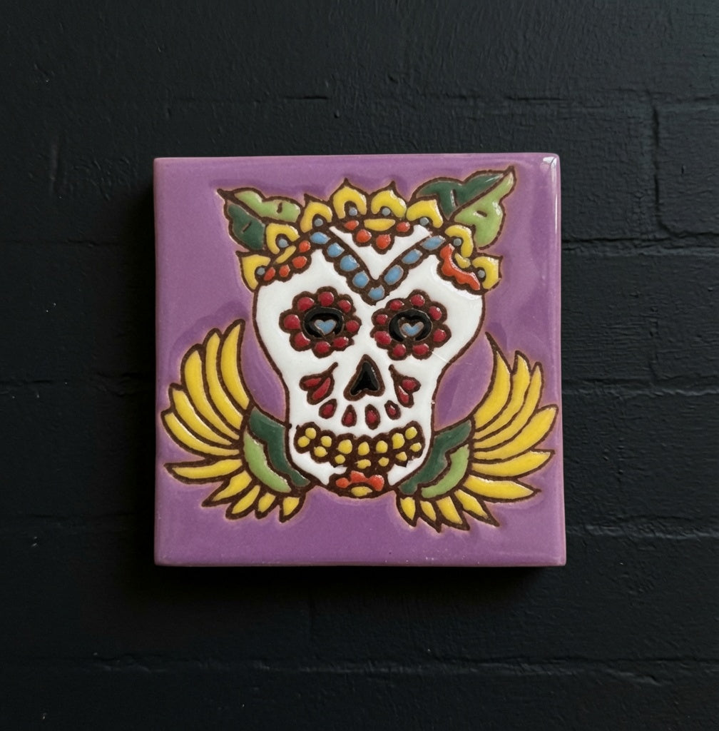 4x4 Inch Purple Hand- Painted Skeleton Tile