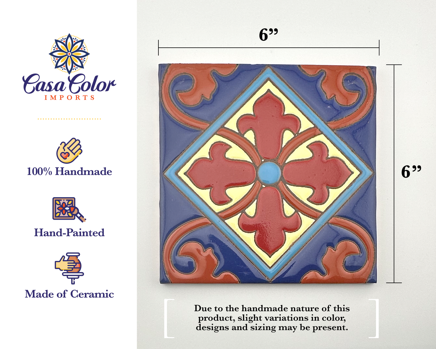 Amor Colonial Hand Brush Handmade decorative Azulejo Talavera tiles. 6x6 Relief Glossy, can be used as drink coasters.