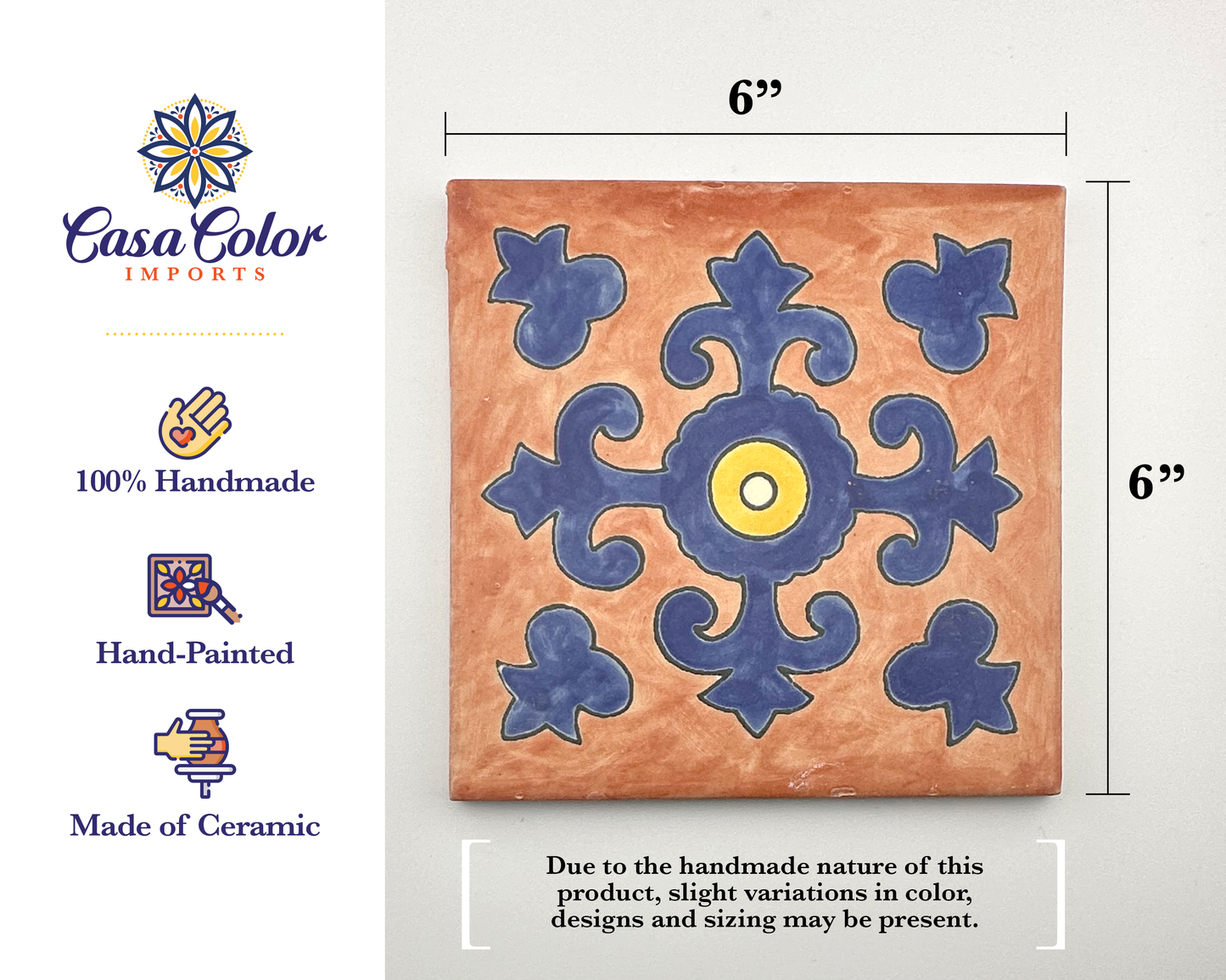 6"x6" Hand Brush Tile. Morocco Azul Decorative Tile. 6x6 Matte Finish.