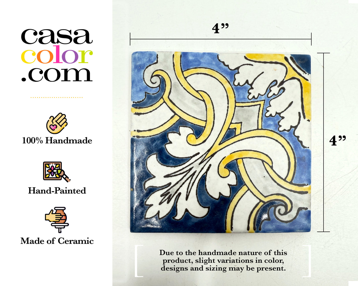 Mexican Talavera Hand Brush Tile 4x4 Blue and Yellow
