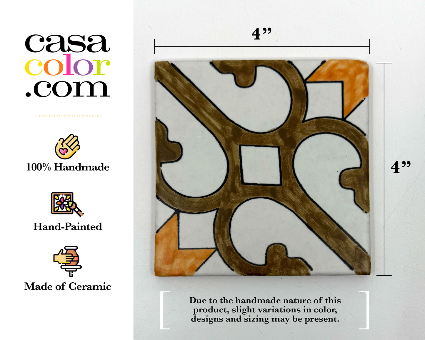 Mexican Talavera Hand Brush Tile 4x4 Brown Star Style