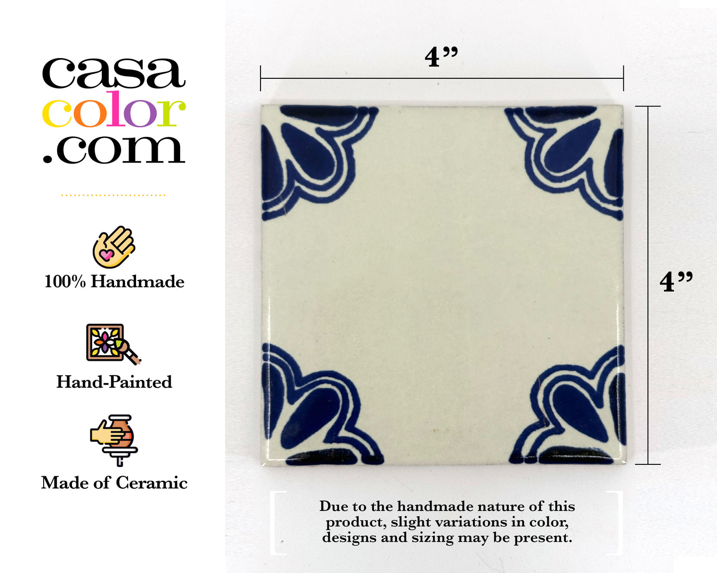 4"x4" Ivory and Blue Flower Tile. Hand-Painted Glossy Finish Tile