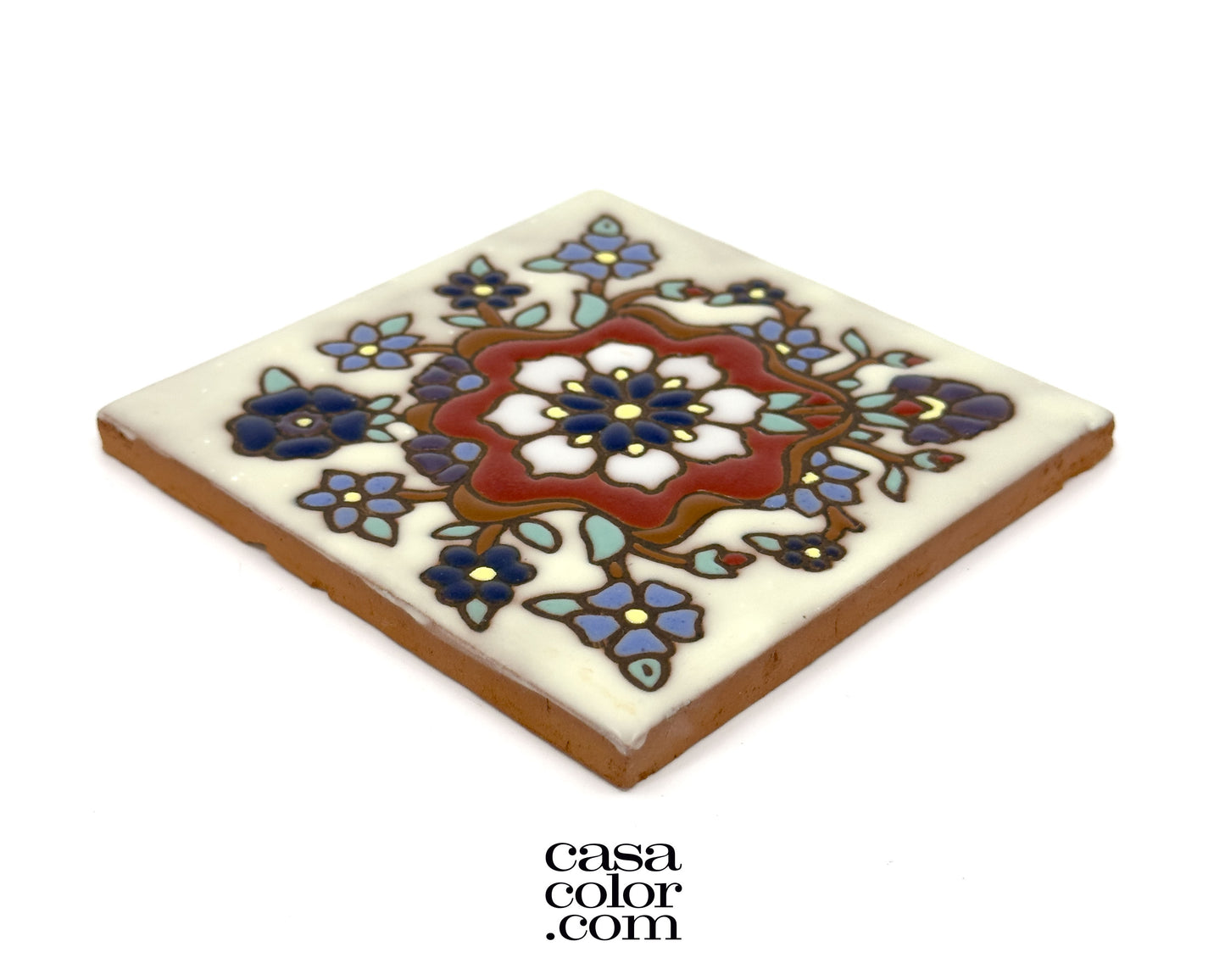 4"x4" Blue and Red High Relief Flower Tile. Hand-Painted Tile