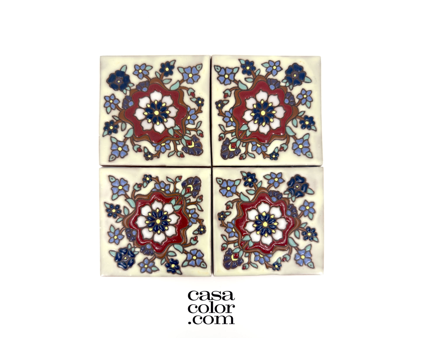 4"x4" Blue and Red High Relief Flower Tile. Hand-Painted Tile