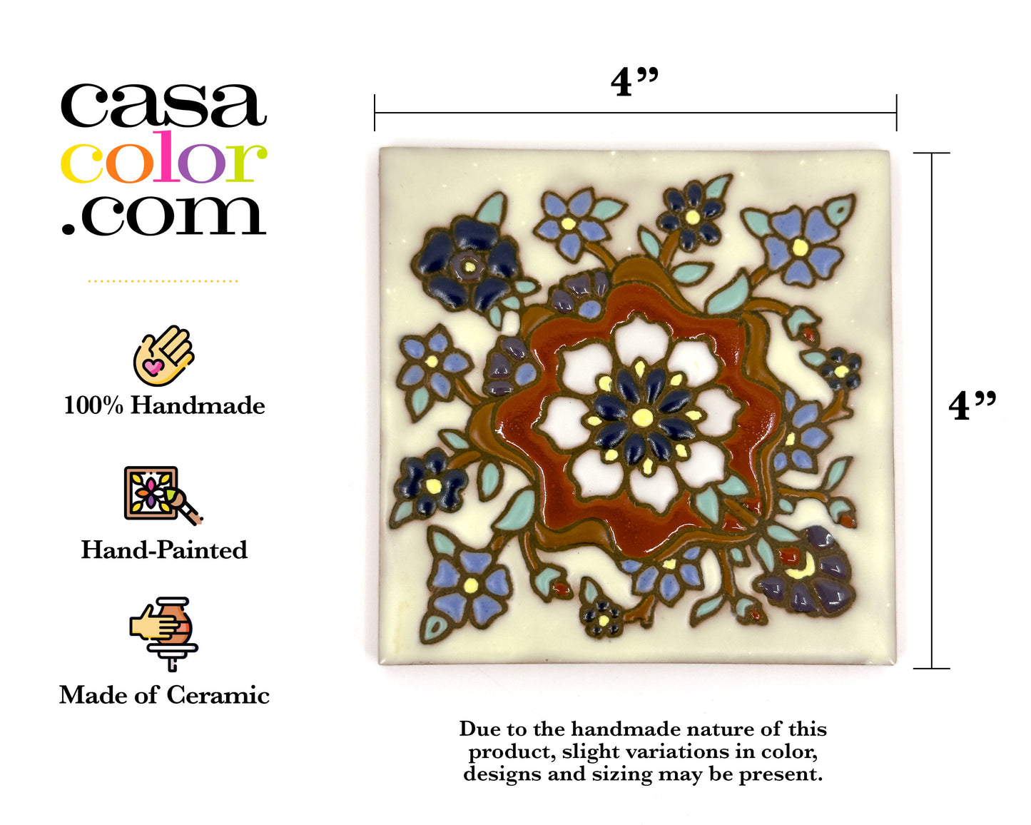 4"x4" Blue and Red High Relief Flower Tile. Hand-Painted Tile