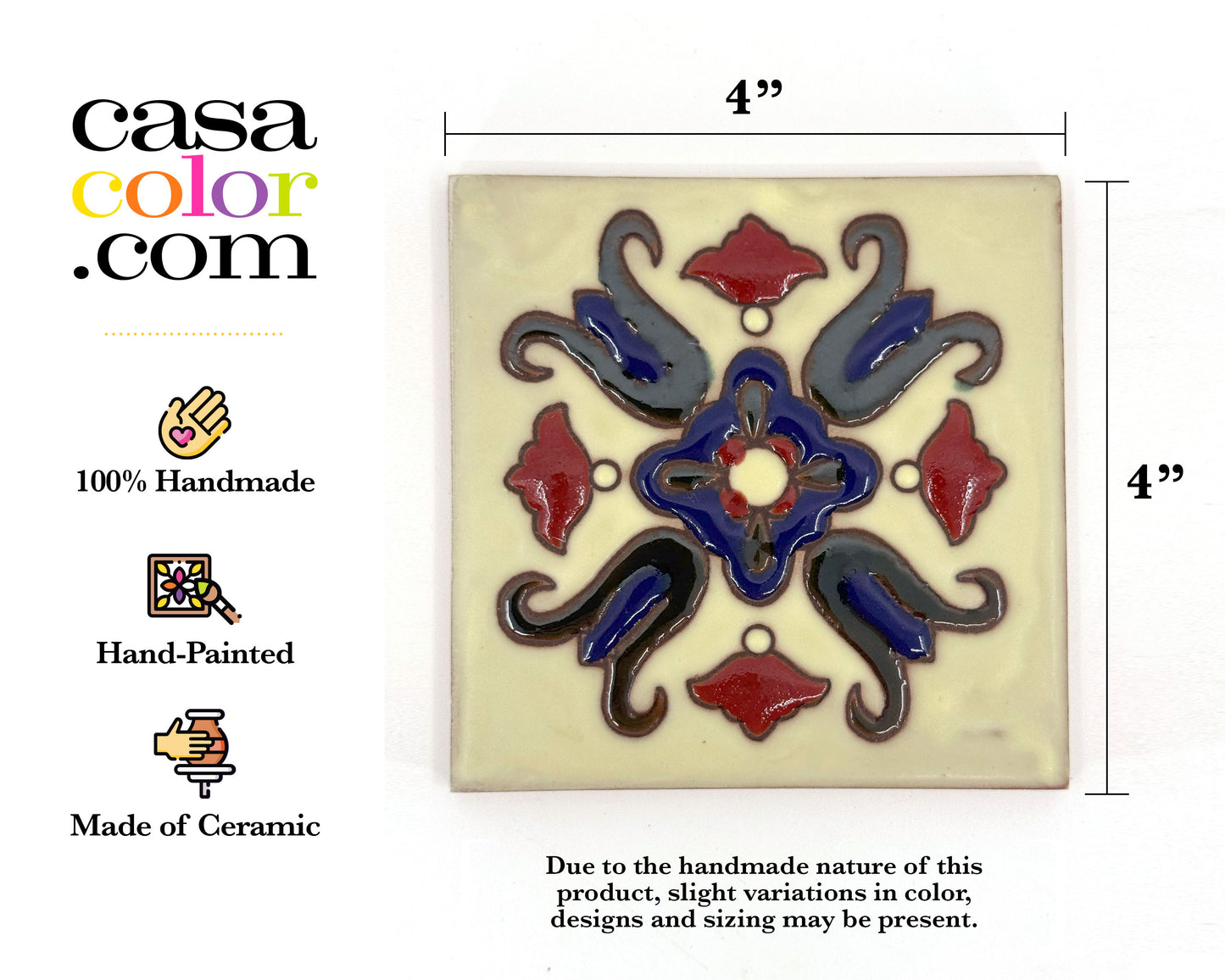 4"x4" Ivory High Relief Flower Tile. Hand-Painted Tile