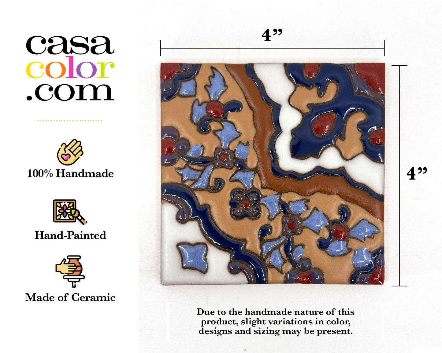 4"x4" Multicolor Flower Tile. Relief Surface Tile.