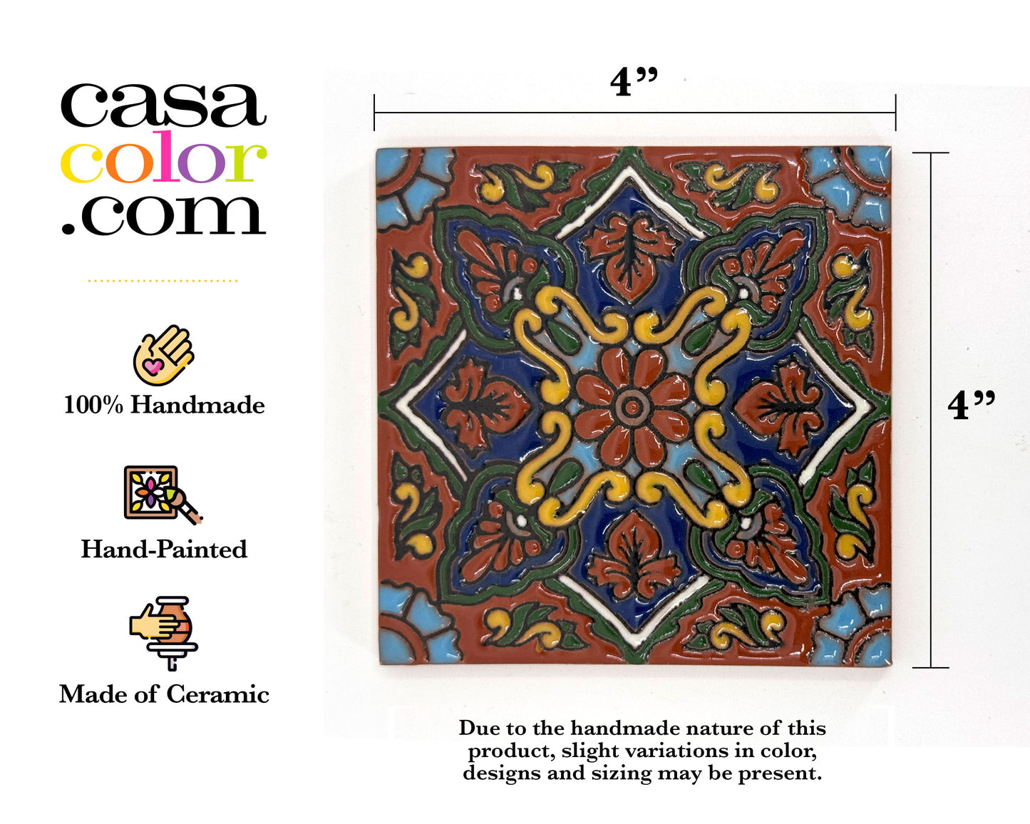 4"x4" Colonial Style Tile. Relief Matte Surface Tile. Hand-Painted Tile