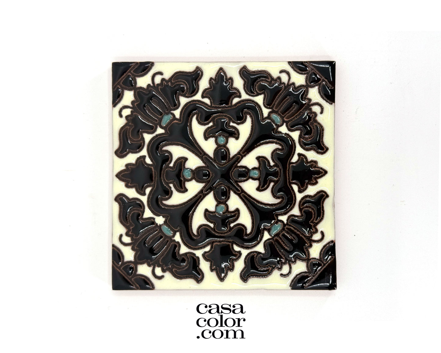 Black and Ivory Tile. 4 inches by 4 inches with aqua dots
