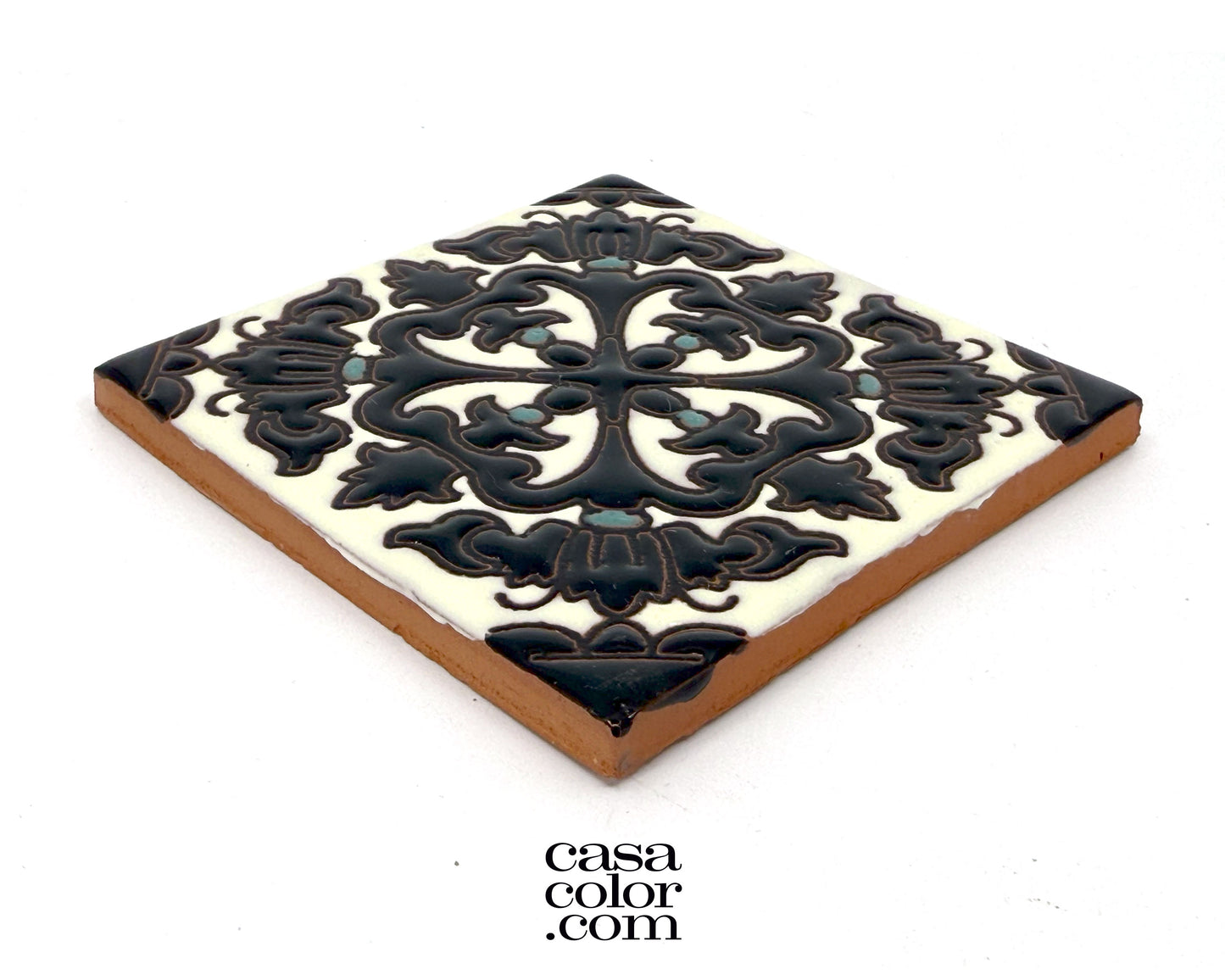 Contemporary 4"x4" Black and Ivory Glossy Relief Tile. Handcrafted Tile.