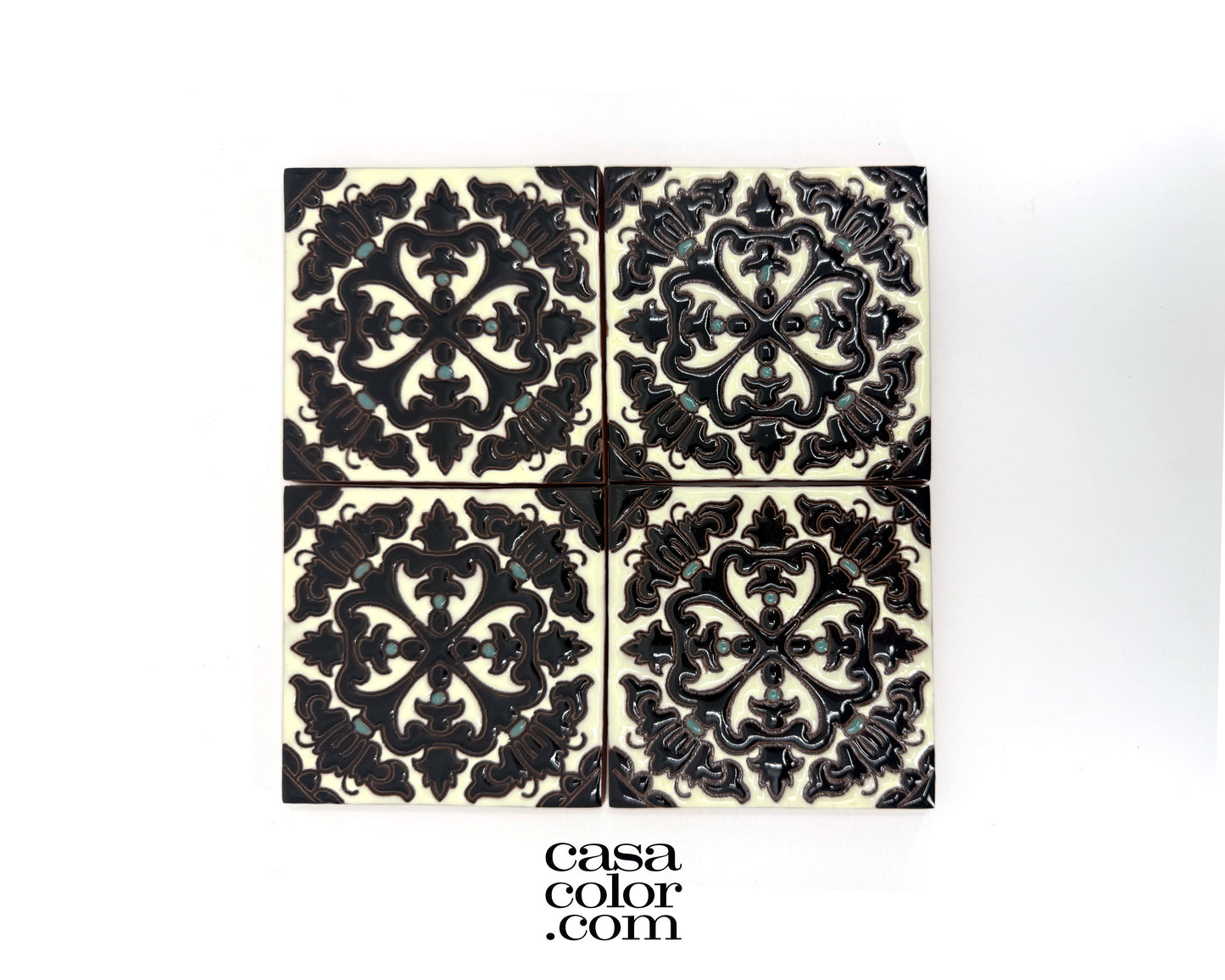 Contemporary 4"x4" Black and Ivory Glossy Relief Tile. Handcrafted Tile.