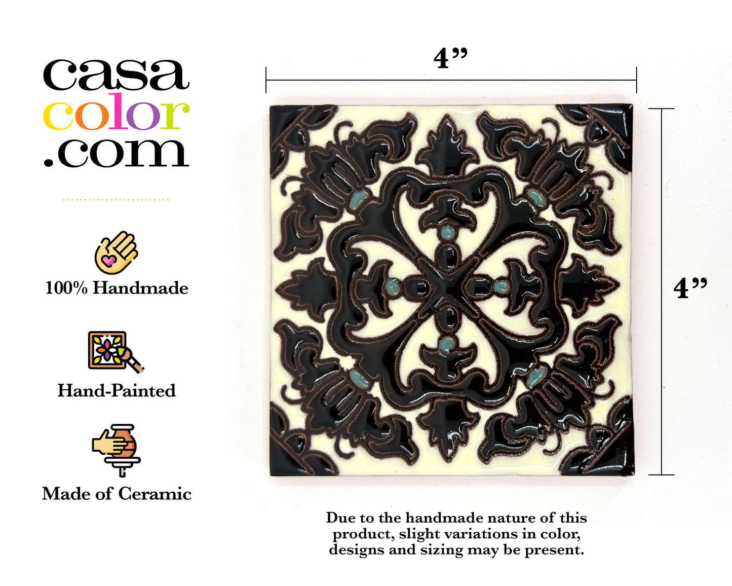 Contemporary 4"x4" Black and Ivory Glossy Relief Tile. Handcrafted Tile.