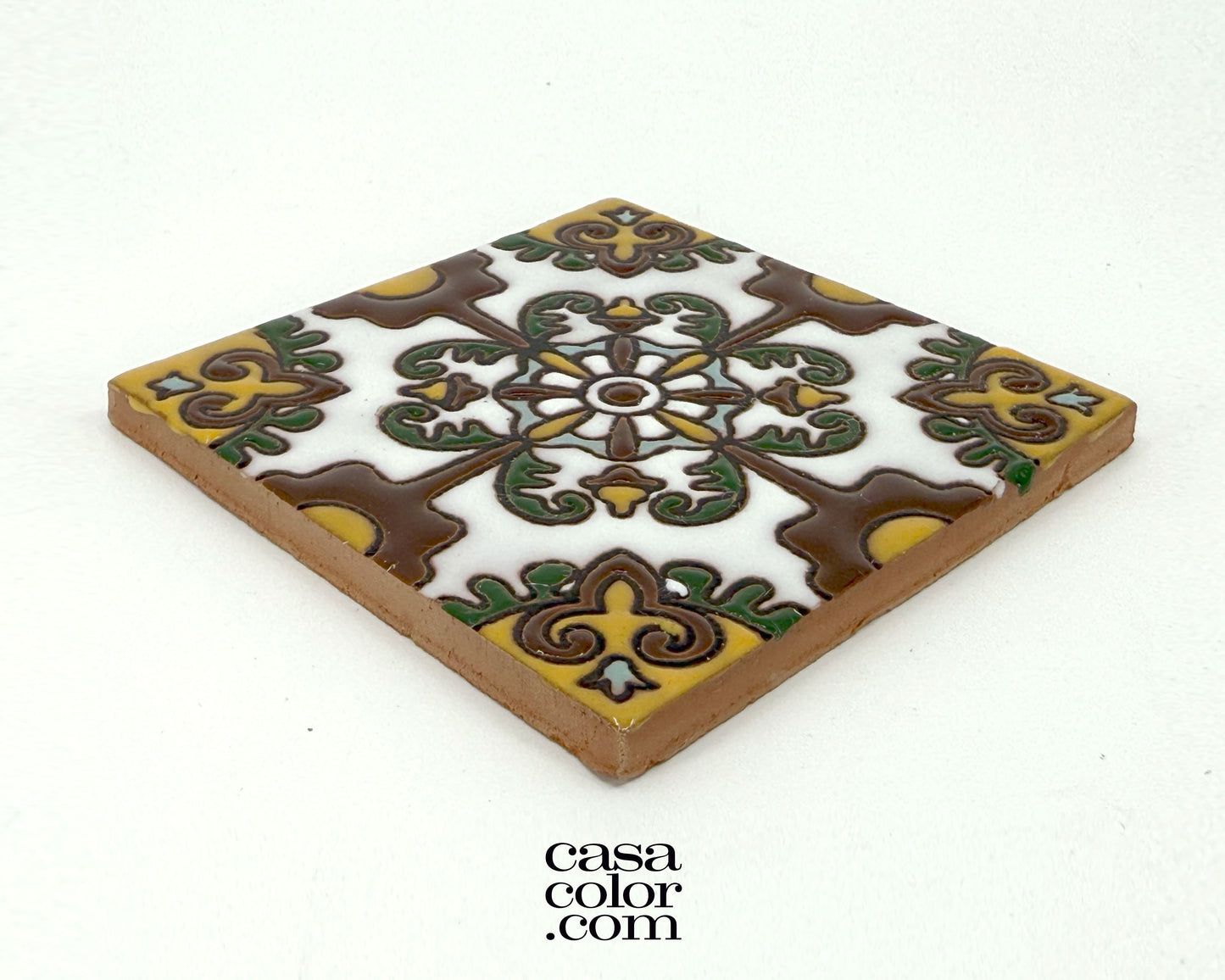 4"x4" Gold and Green Flower High Relief Tile. Hand-Painted Tile