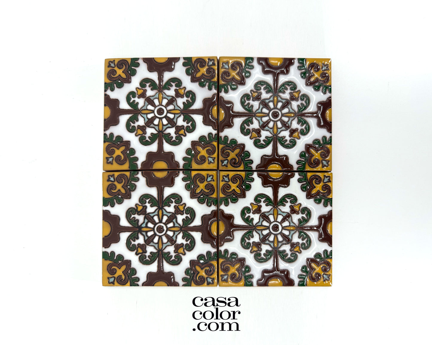 4"x4" Gold and Green Flower High Relief Tile. Hand-Painted Tile