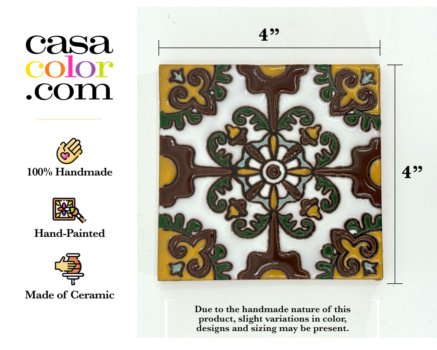 4"x4" Gold and Green Flower High Relief Tile. Hand-Painted Tile