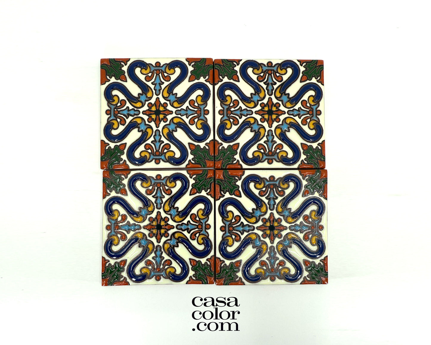 4"x4" High Relief Mediterranean Inspired Tile. Hand-Painted Tile