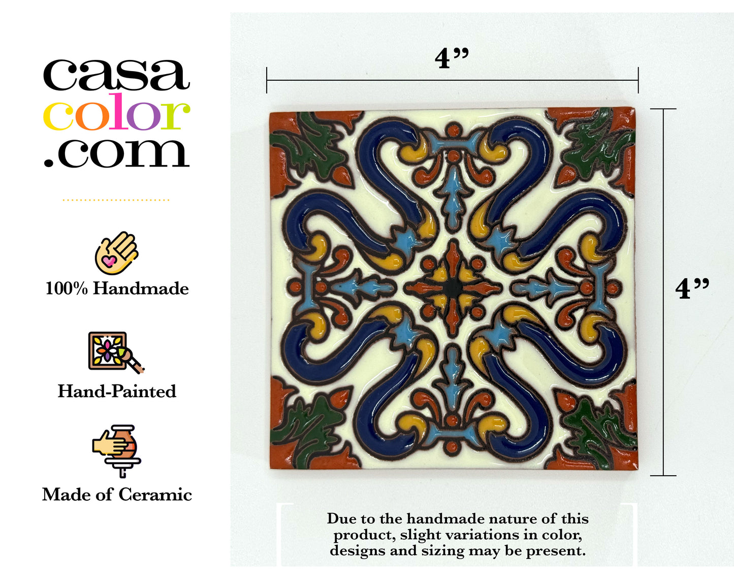 4"x4" High Relief Mediterranean Inspired Tile. Hand-Painted Tile