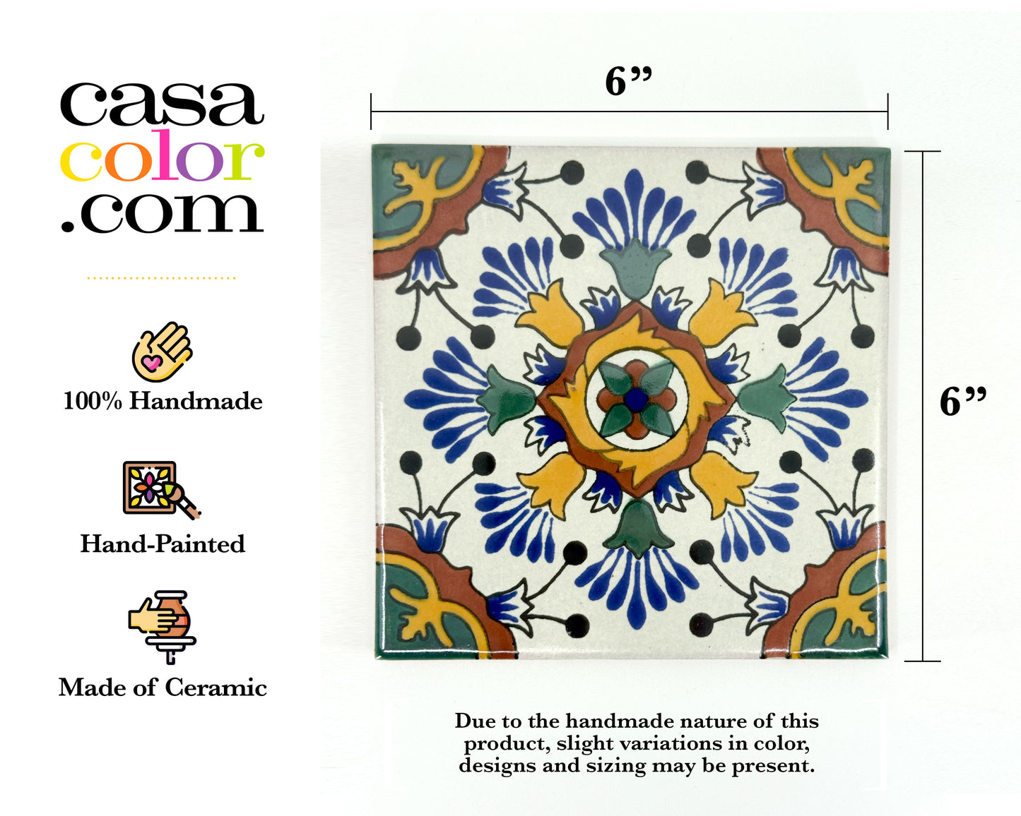 6"x6" Decorative Hand-Painted Tile. Glossy Finish. Outdoor/Indoor Tile