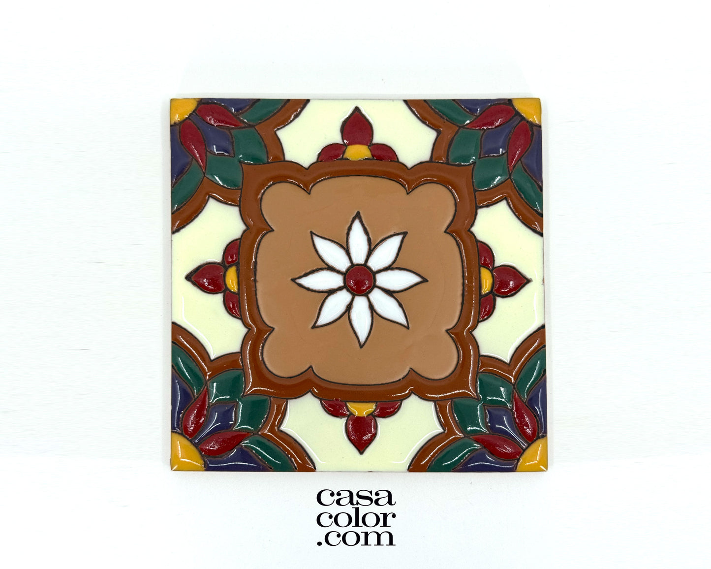 This tile 6x6 inch and the tile has a relief surface with many colors. The colors of this glossy tile are Brown, White, Red, Blue and Yellow.