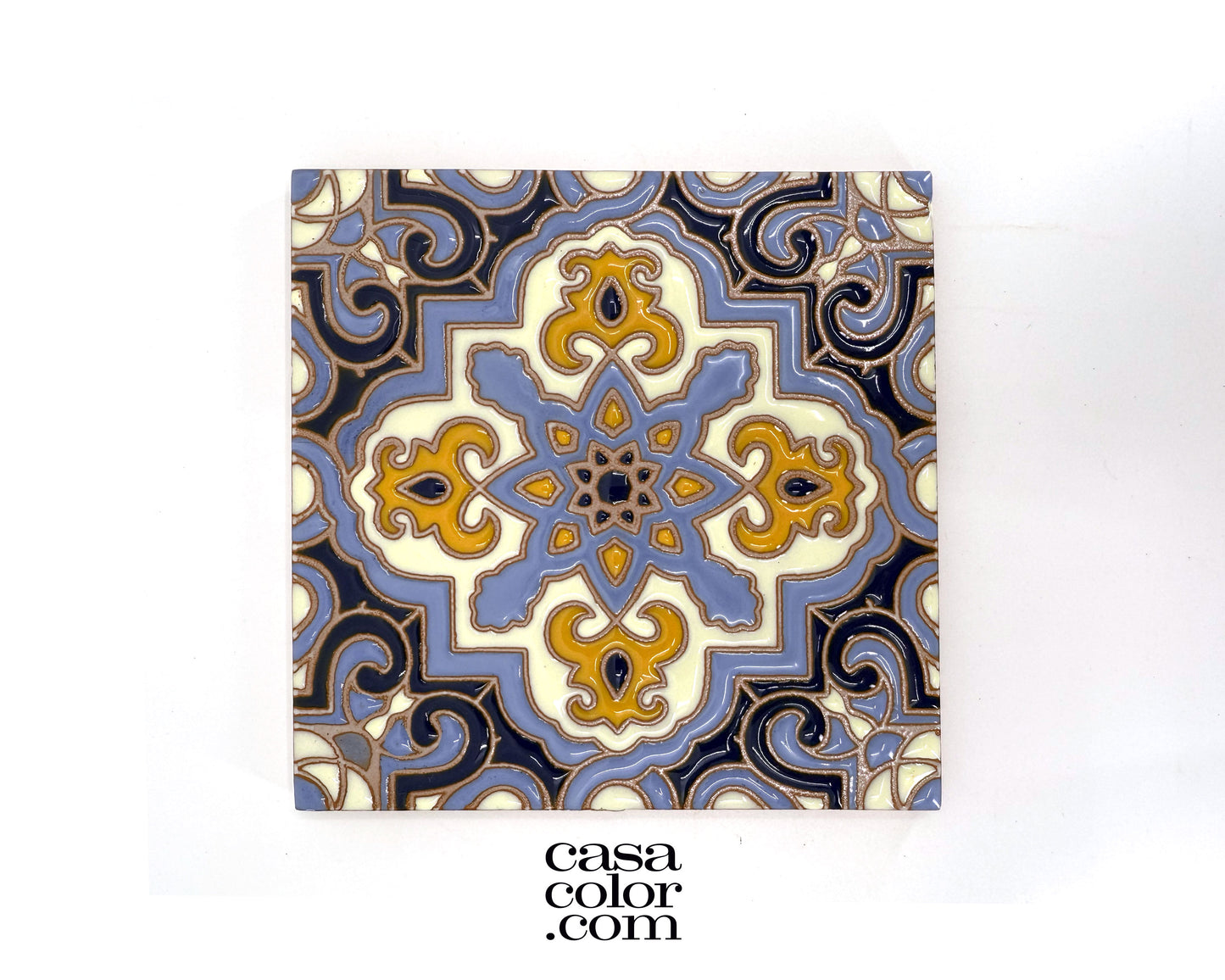 Mediterranean style 6x6 inches tile. Lilac and blue tile with a pattern of a star and a flower.