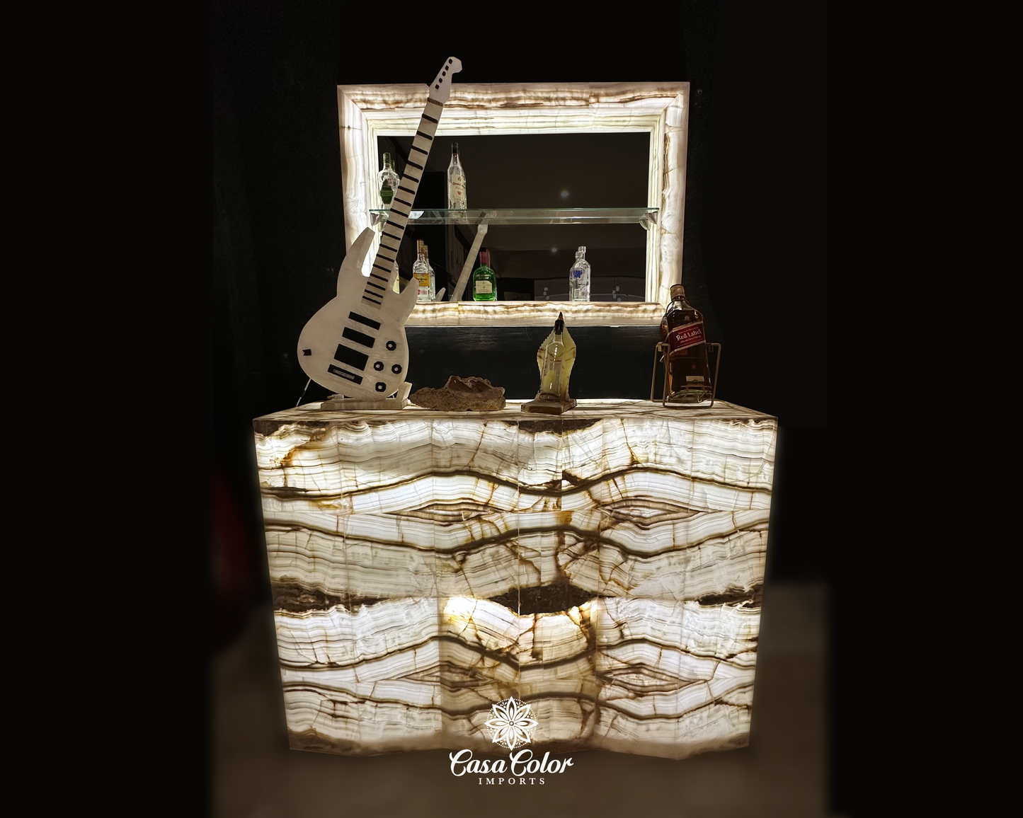 Exotic translucent bar set with mirror sideboard and bar hutch. Bar material is made of white with brown veins Onyx and the bar is backlit. The light is white. The bar hutch measurements are : 59 inches long X 19.7 inches wide and 43.3 inches high , the bar sideboard is 59 inches long 39.3 inches wide.