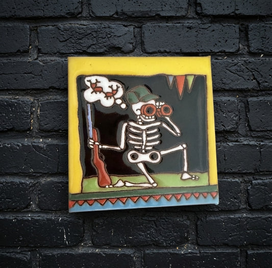 4x4 Inch Hunter Hand- Painted Skeleton Tile