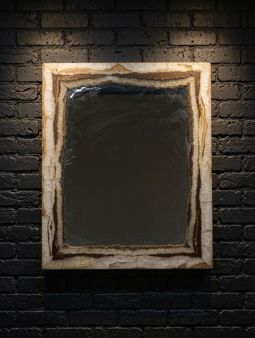 Set Of 2 White Vanity Backlit Onyx Mirrors with Brown Banding.