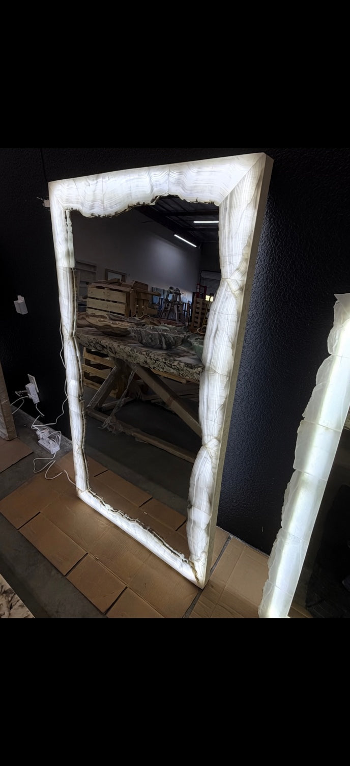 Large White Onyx Stone Mirror with Raw Inside Edge 59"x 33"