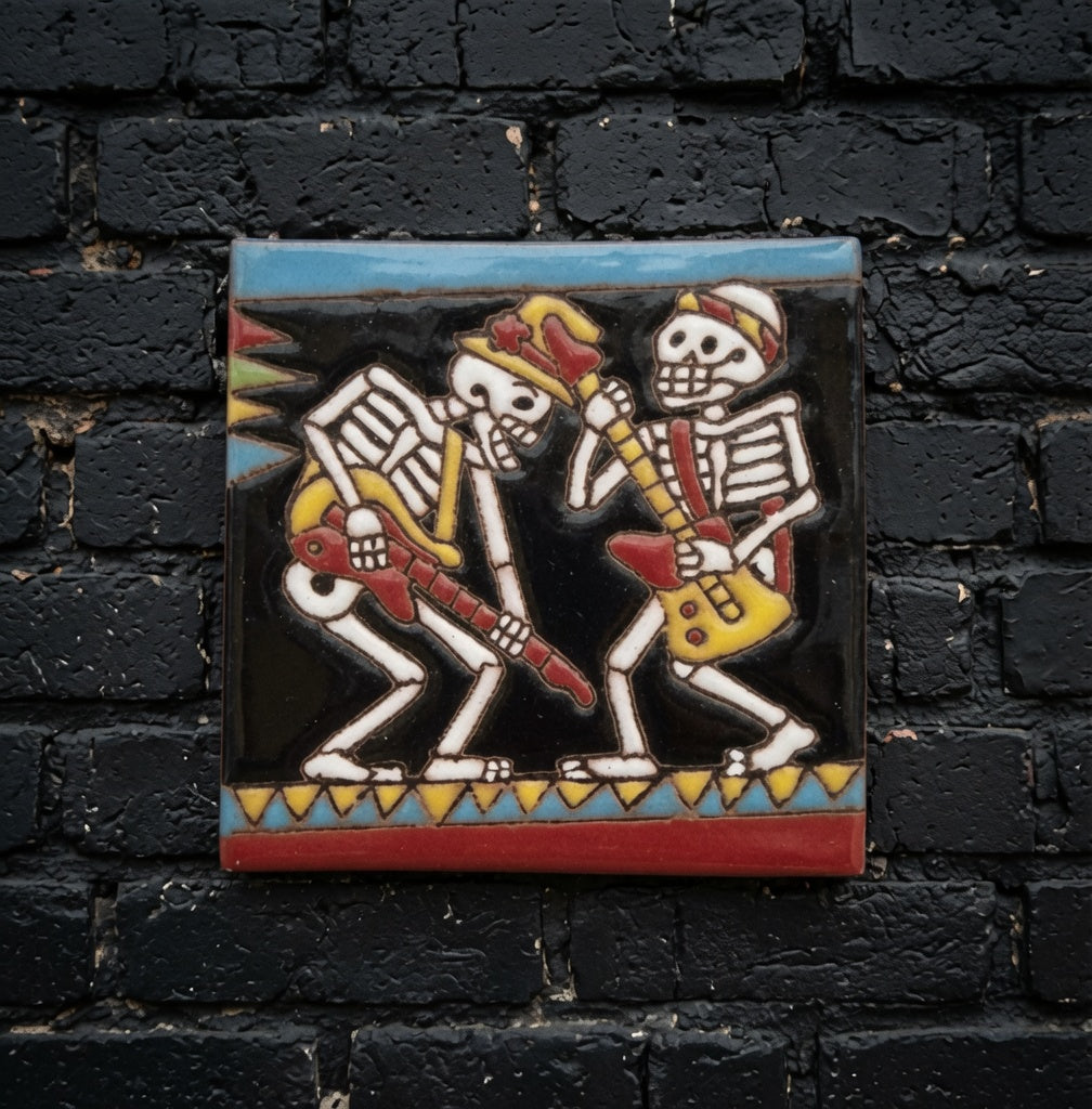 4x4 Inch Guitar Players Hand- Painted Skeleton Tile