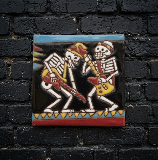 4x4 Inch Guitar Players Hand- Painted Skeleton Tile