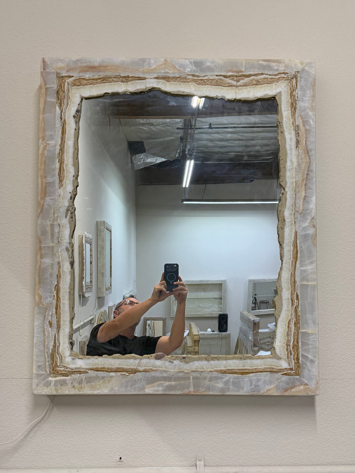 Set Of 2 White Vanity Backlit Onyx Mirrors with Brown Banding.