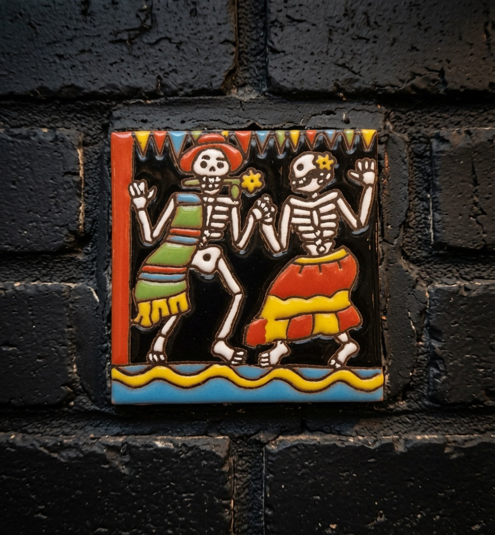 4x4 Inch Couple Dancing Hand- Painted Skeleton Tile