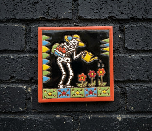 4x4 Inch Watering Plants Hand- Painted Skeleton Tile