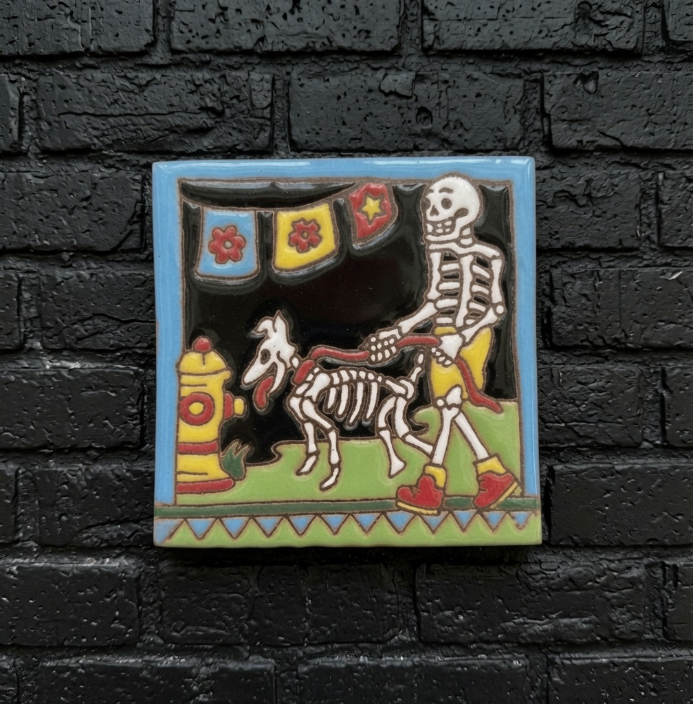 4x4 Inch Dog Walker Hand- Painted Skeleton Tile